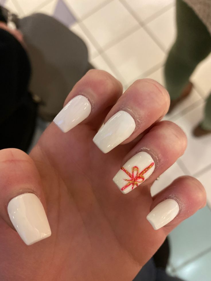 Sophisticated White Nails with Glossy Finish and a Festive Red Bow Accent.