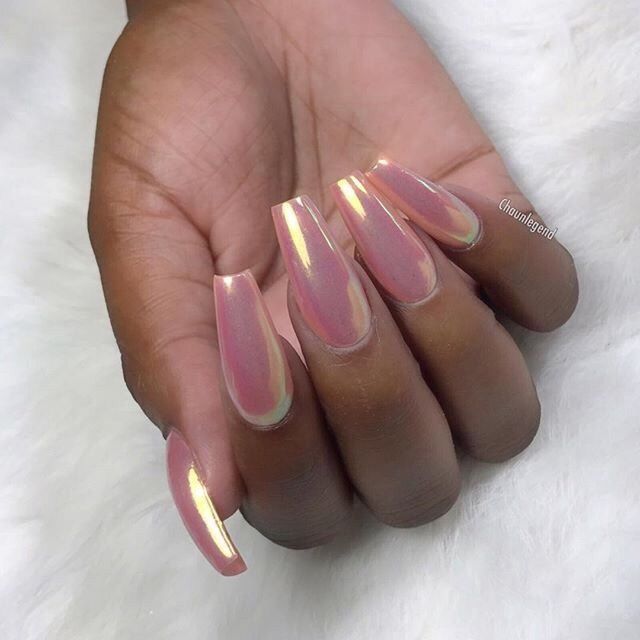 Elegant Long Nails with Soft Pink Base and Iridescent Shimmer for Sophisticated Modern Charm.