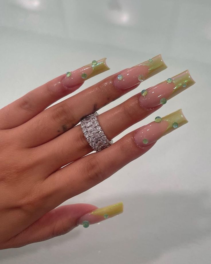 Chic Vibrant Nail Design: Long Transparent Tips with Soft Yellow and Playful Green Accents