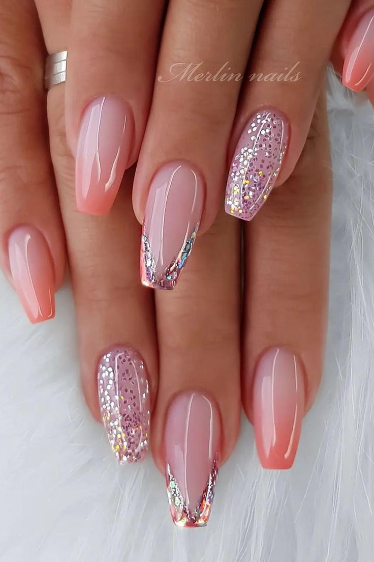 Chic Elegant Nail Design: Soft Pink Base with Glitter Accents and Silver Lines