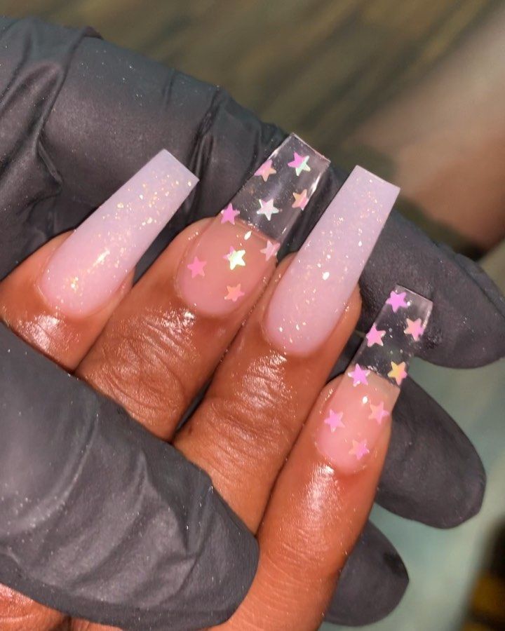 Whimsical Nail Design: Long Square Tips with Soft Pink Gradient and Star-Confetti Accents