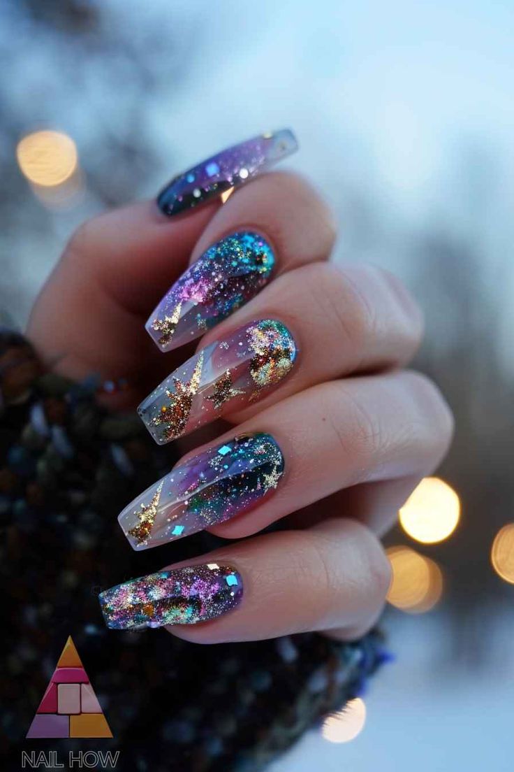 Elegant Ombre Glitter Nail Design: Deep Blues and Purples with Holographic Accents