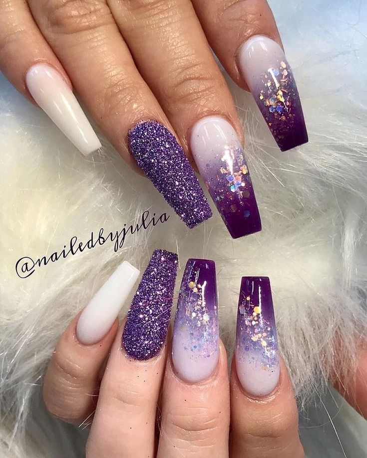 Elegant Purple and White Ombre Nail Design with Chunky Glitter for Any Occasion