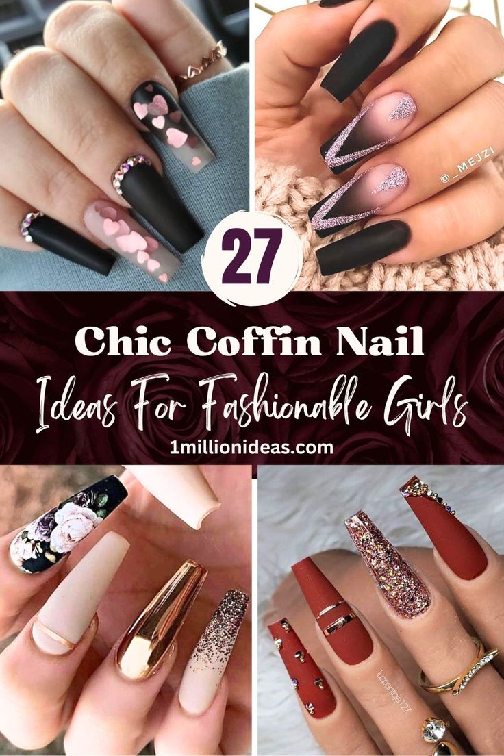 Chic Coffin Nail Designs: Sophisticated Matte Finishes with Playful Accents and Floral Patterns.