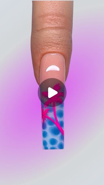 Tropical-Inspired Vibrant Nail Design with Blue Gradient and Pink Palm Trees