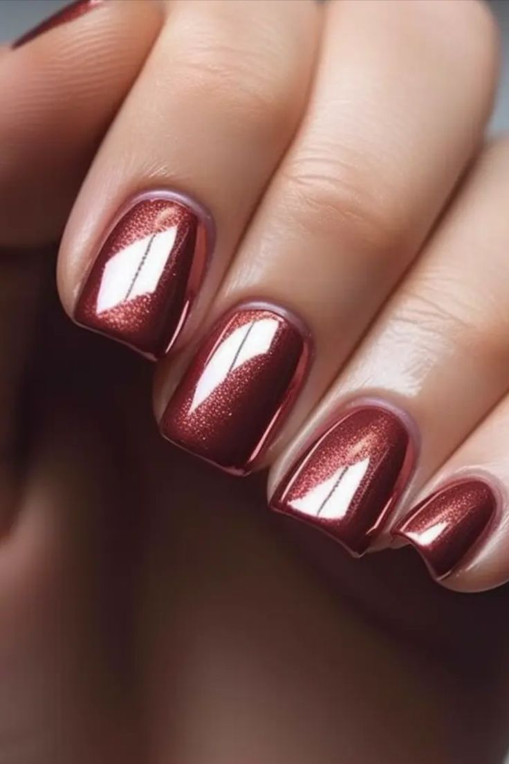 Elegant Metallic Burgundy Nails with Subtle Shimmer for Any Occasion.