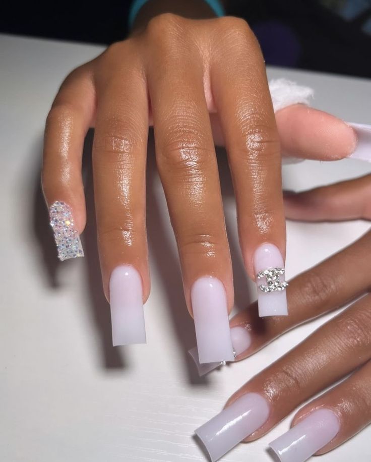 Chic Elongated Square Nail Design with Gradient and Rhinestone Accents