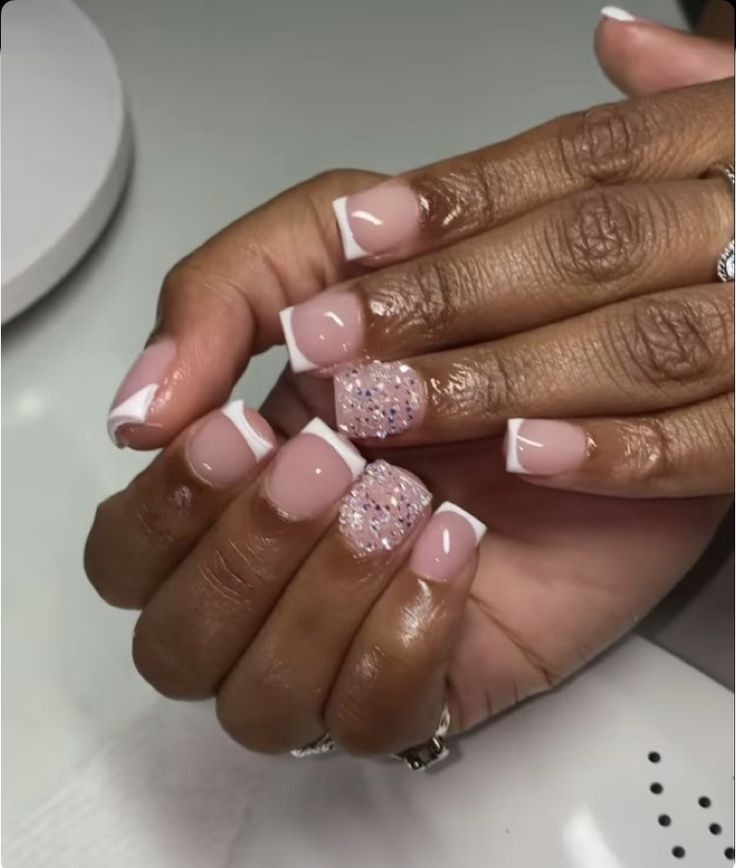 Chic French Manicure with Rhinestone Accent for Glamorous Elegance