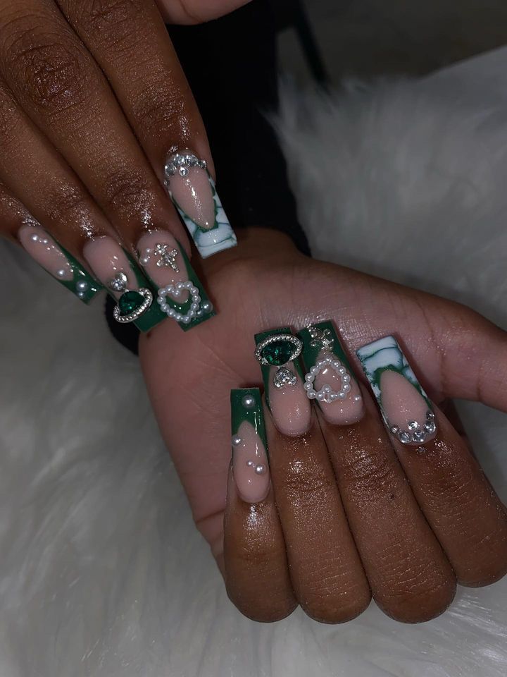 Sophisticated Glamour: Elegant Nail Design with Glossy Green, Pastels, Hearts, and Gems