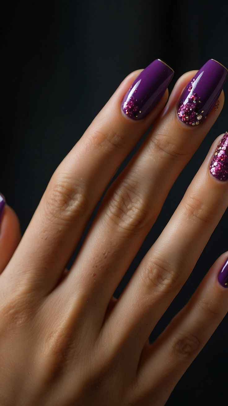 Chic Deep Purple Gradient Nail Design with Sparkling Glitter Accents