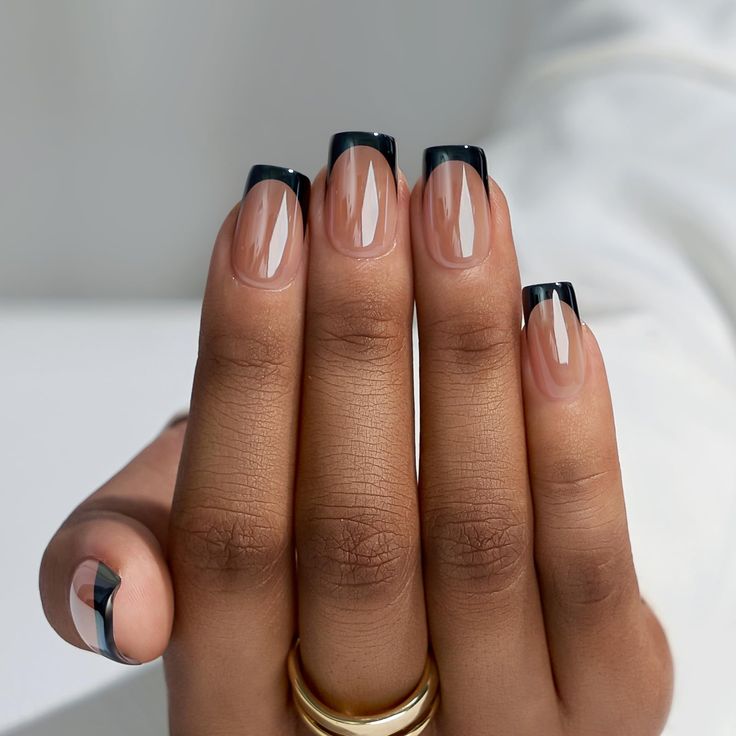 Chic Nude and Black French Manicure: A Contemporary Statement Design