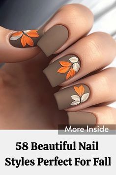 Chic Matte Brown Autumn Nail Design with Vibrant Floral Accents.