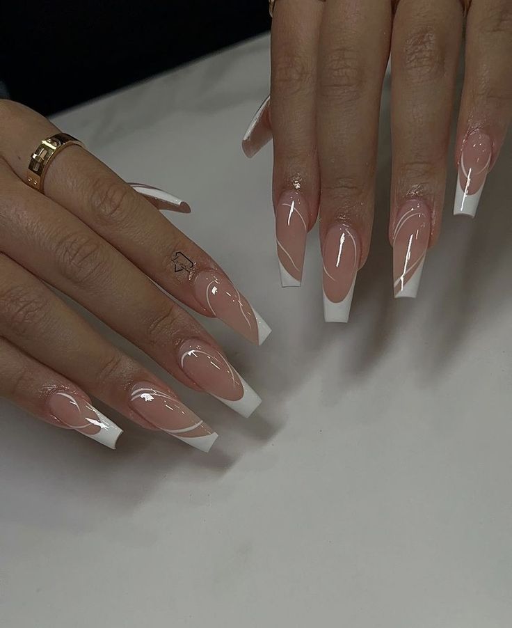 Chic Almond-Shaped French Manicure with Glossy Finish and Modern Accent Detail.