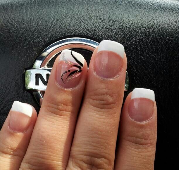 Sophisticated French Manicure with Elegant Black Swirls.