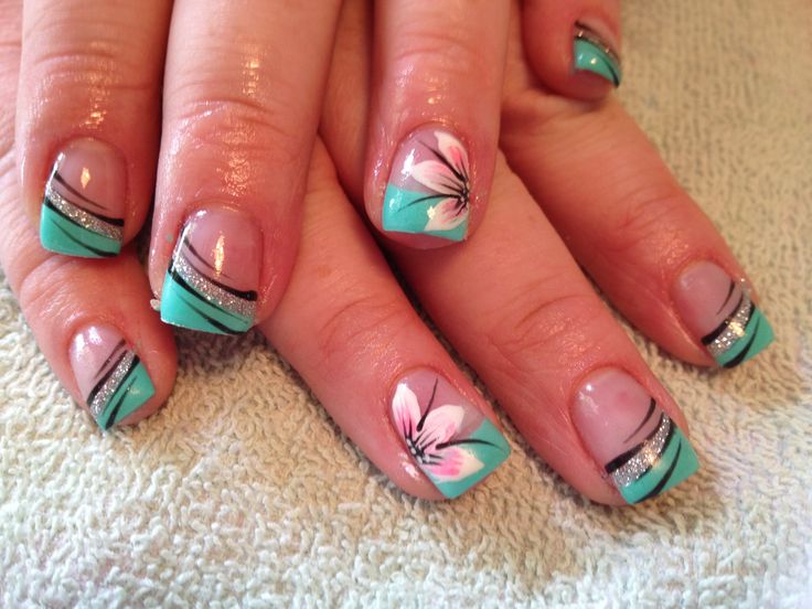 Teal Nail Design with Elegant Black Stripes, Floral Accents, and Glamorous Glitter.