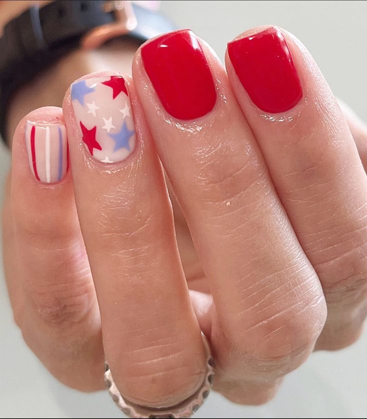 Patriotic Nail Design: Red, White, and Blue with Star and Stripe Accents for Summer Celebrations.