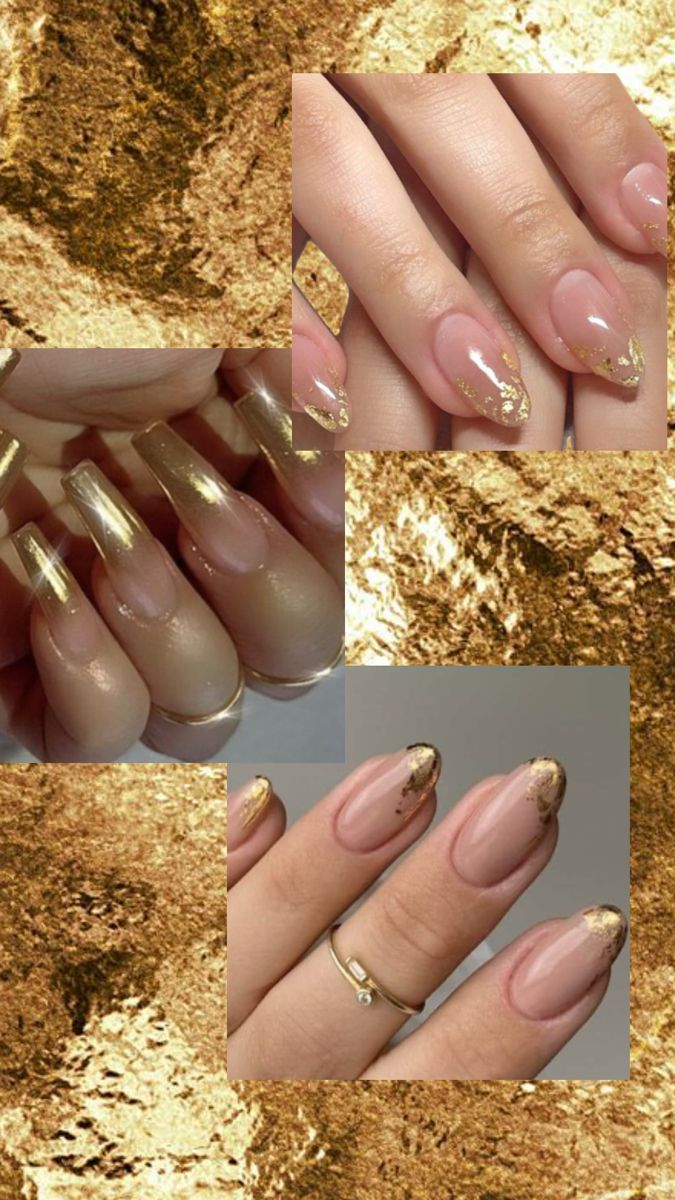 Luxurious Nude and Gold Nail Designs with Glossy Finish for Any Occasion.