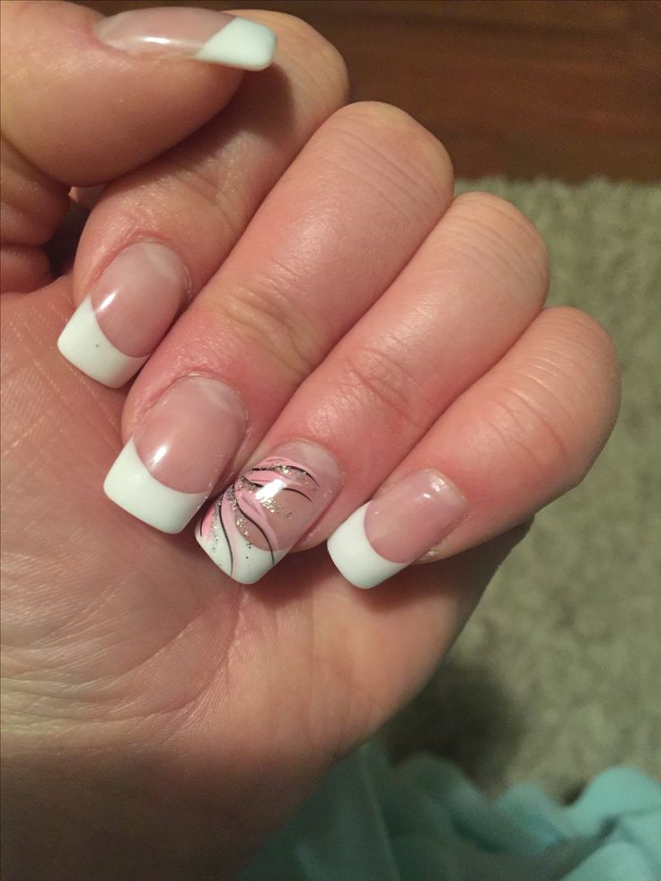 Sophisticated French Tip Nails: Classic White with Pink and Silver Accents