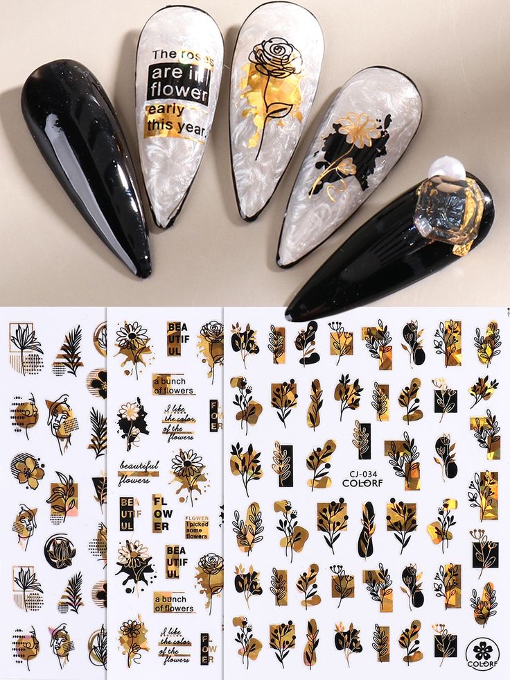 Elegant Nail Design with Glossy Black, Marbled Finishes, Floral Patterns, and Gold Accents for Personalized Expression.