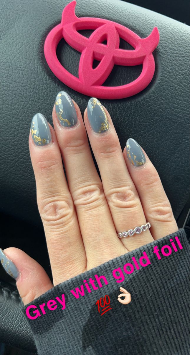 Elegant Grey Nail Design with Shimmering Gold Foil Accents for Versatile Chic Aesthetics