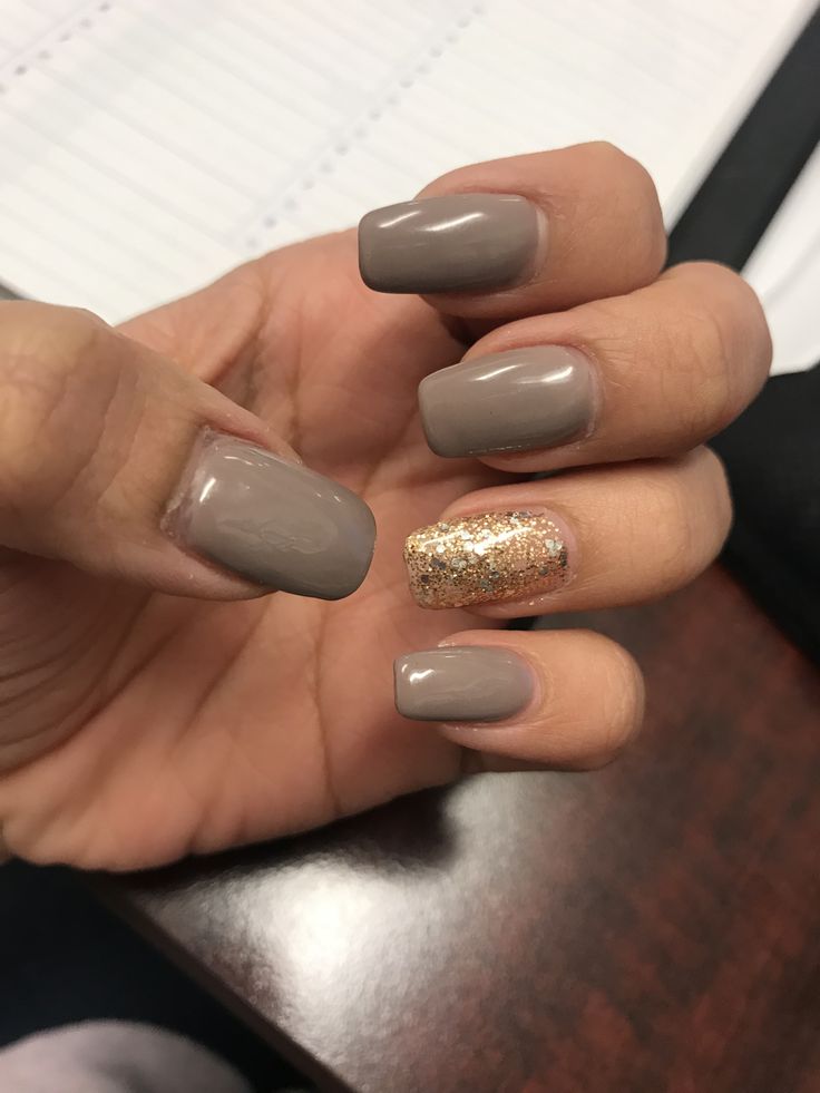 Chic Taupe Nail Design with Glitter Accent for Elegant Occasions