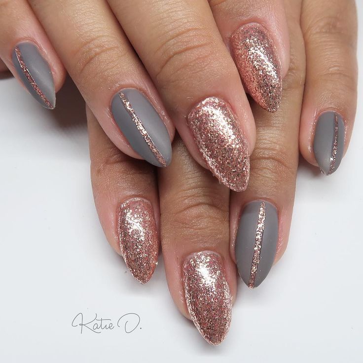 Chic Matte Gray and Rose Gold Glitter Nail Design with Pointed Tips.