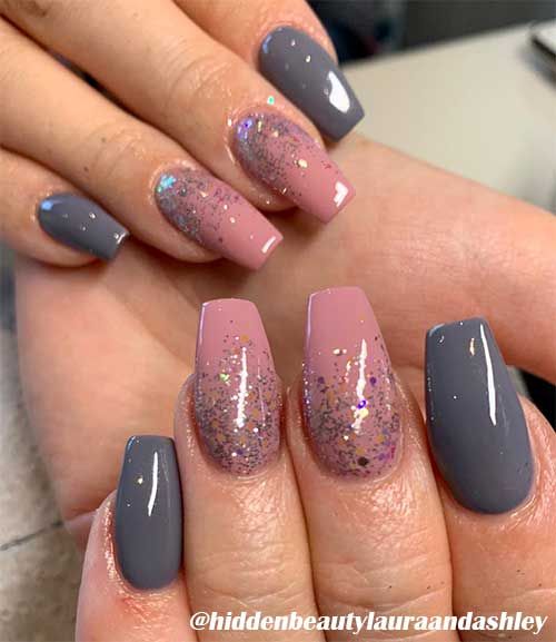 Chic Gradient Nail Design: Gray and Soft Pink with Glamorous Glitter and Mixed Finishes.