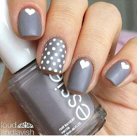 Chic Gray Nail Design: Elegant Mix of Solid and Polka Dot Patterns