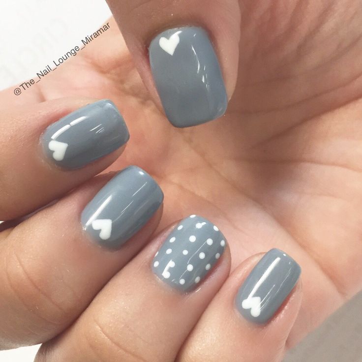 Charming Gray Nail Design with Heart Motifs and Dotted Patterns