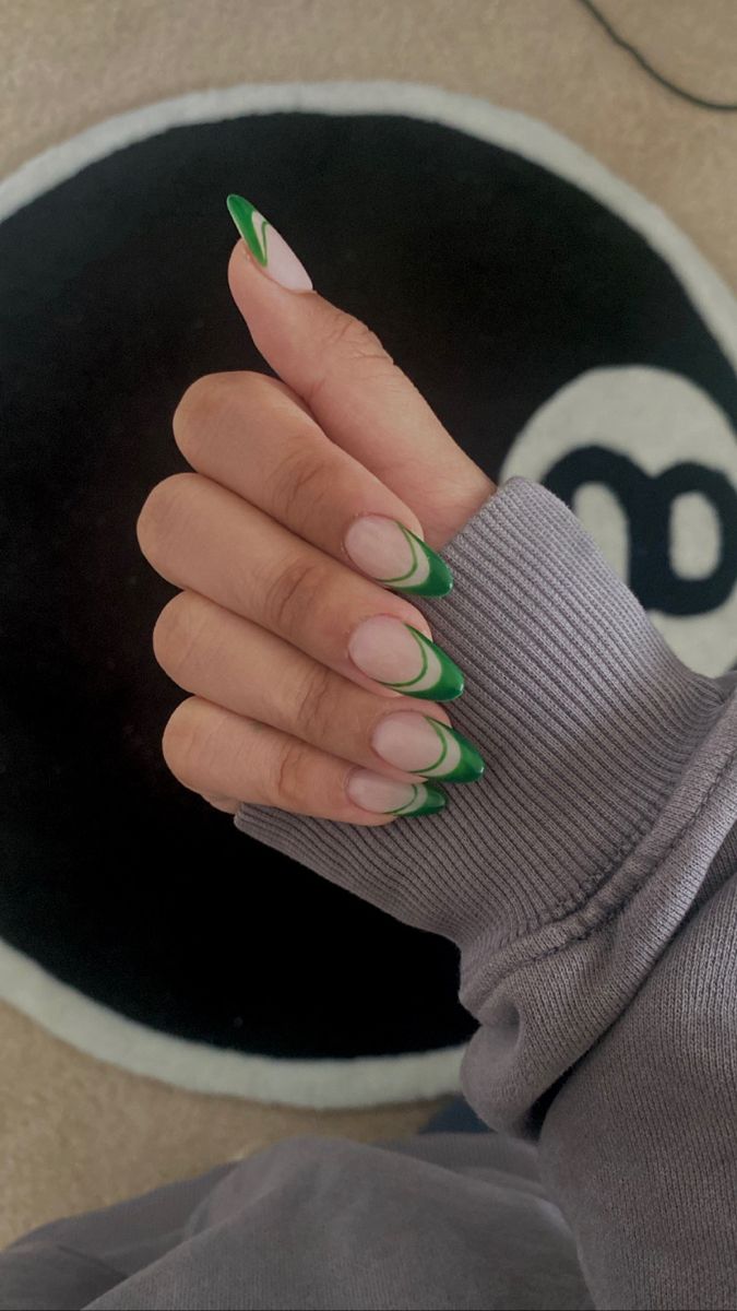 Elegant Curved Tip Green and Nude Nail Design for a Modern Look