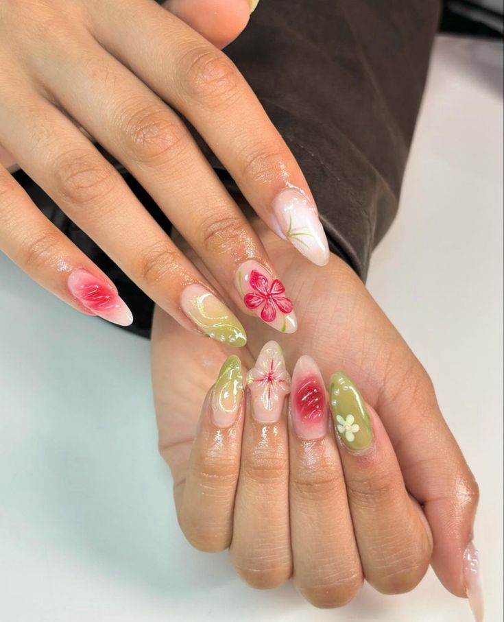 Vibrant Floral Nail Art: A Playful Elegance of Pastels and Bold Colors.