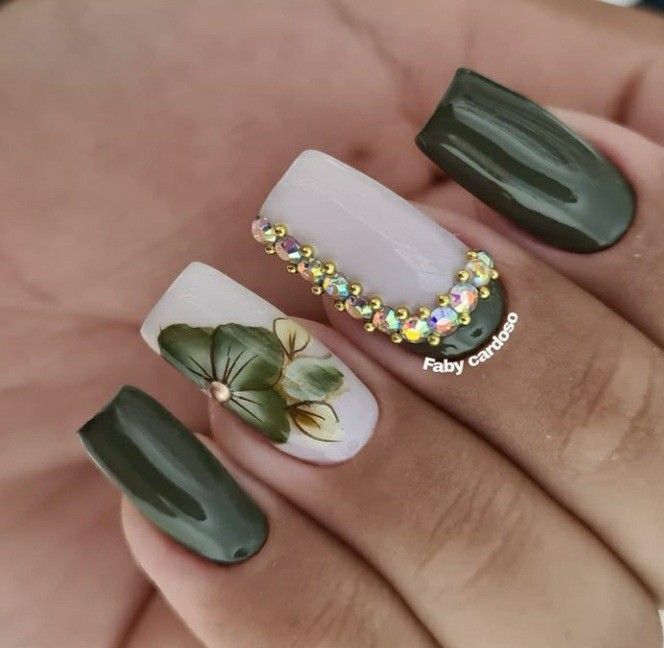 Chic Elegant Nail Design: Deep Green & Soft Beige with Floral Art and Glamorous Embellishments