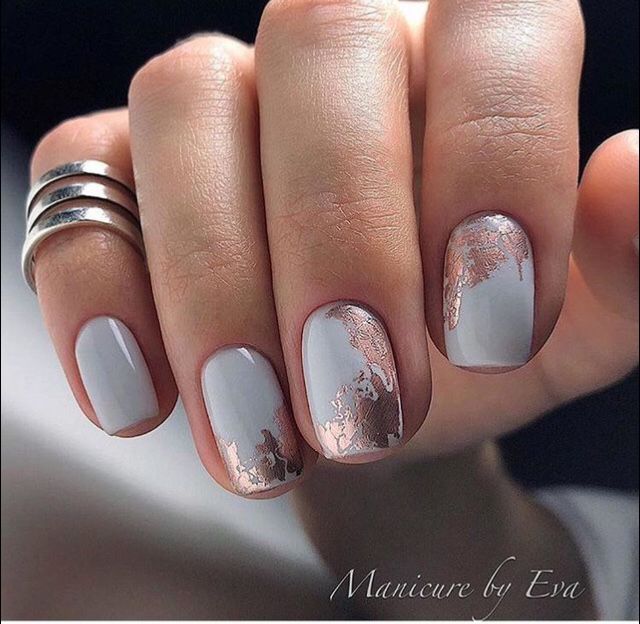 Sophisticated Gray Nail Design with Rose Gold Accents for Every Occasion.