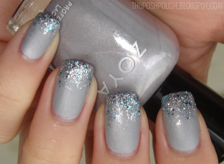 Chic Glitter Gradient Nail Design with Pastel Gray Base and Sparkling Silver-Blue Tips