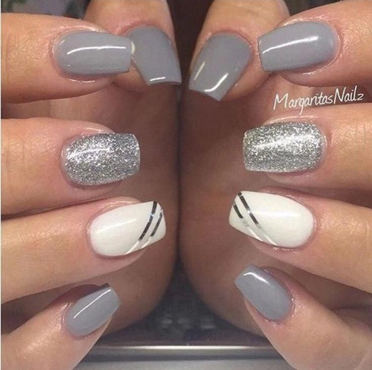 Chic Gray and White Nail Design with Glitter and Striped Accents