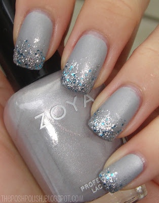 Elegant Gray Nail Design with Sparkling Glitter Tips.