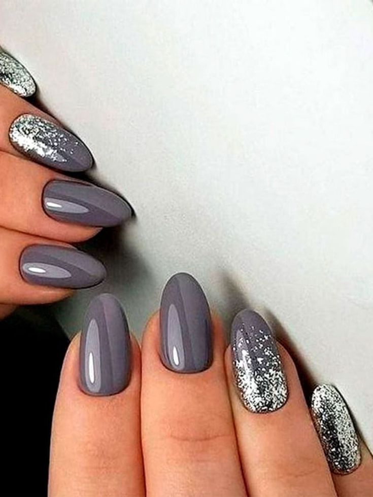 Sophisticated Gray Nail Design with Silver Glitter Accents for Any Occasion