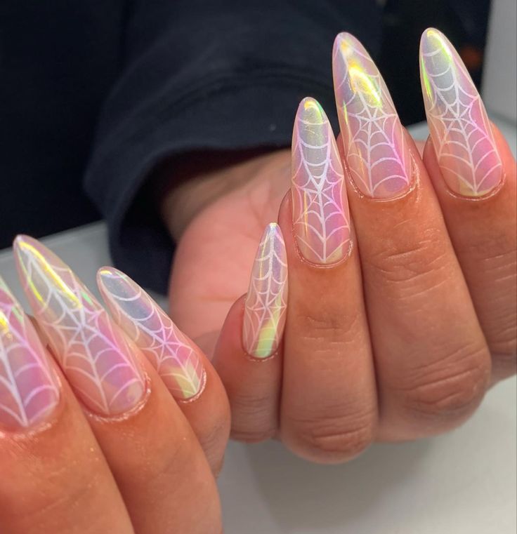 Iridescent Almond-Shaped Nails with Whimsical Spiderweb Designs: A Modern Take on Halloween Elegance.