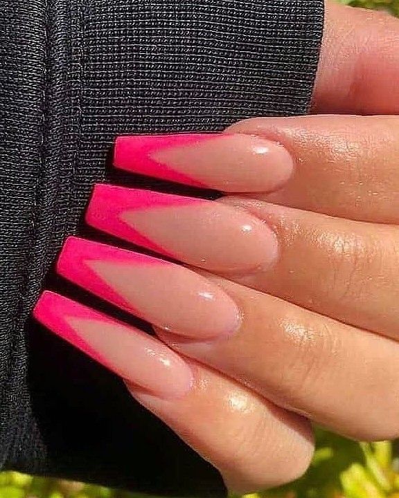 Chic Triangular Pink Tip Nail Design on Nude Base: A Striking Contrast.