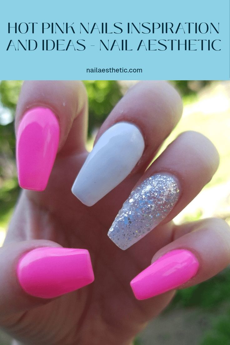 Striking Contrast: Vibrant Hot Pink Nails with Elegant White and Silver Designs for a Modern Aesthetic.