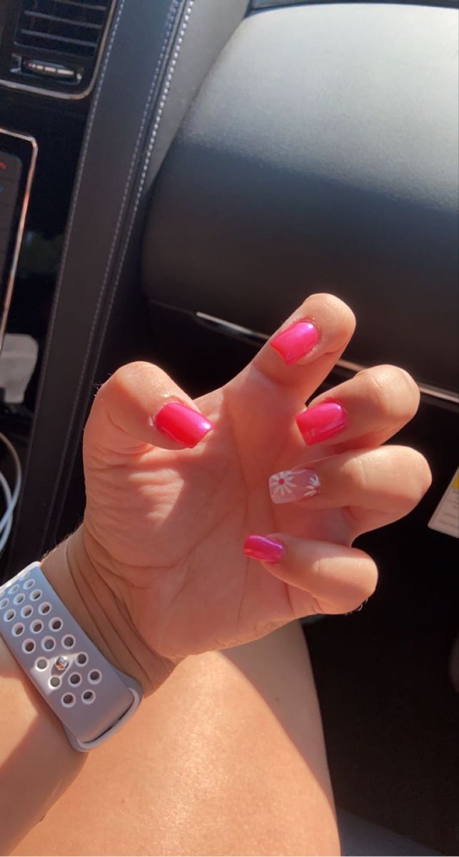 Elegant Vibrant Pink Nail Design with Glossy Finish and Whimsical Floral Accent