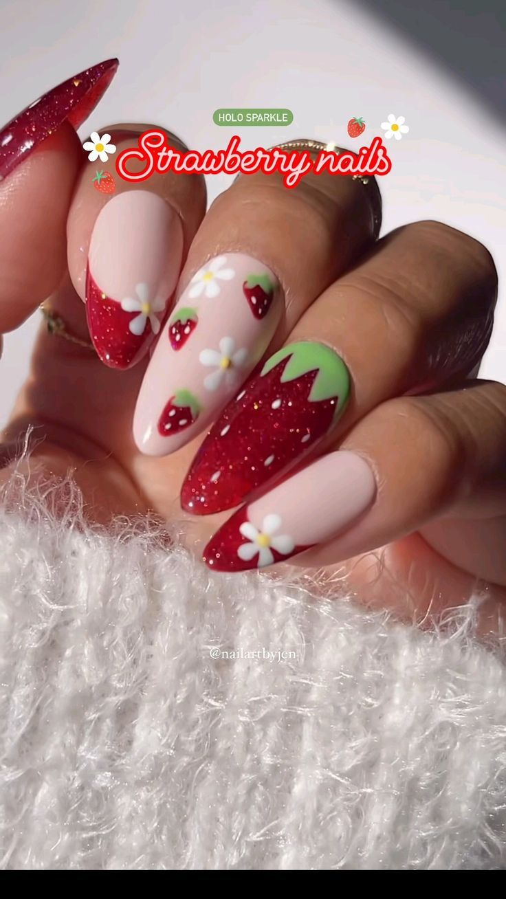 Vibrant Strawberry-Themed Nail Design with Playful Patterns and Glamorous Accents