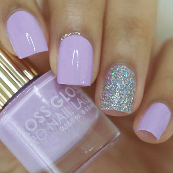 Elegant Luscious Lavender Nail Design with Holographic Glitter Accent.