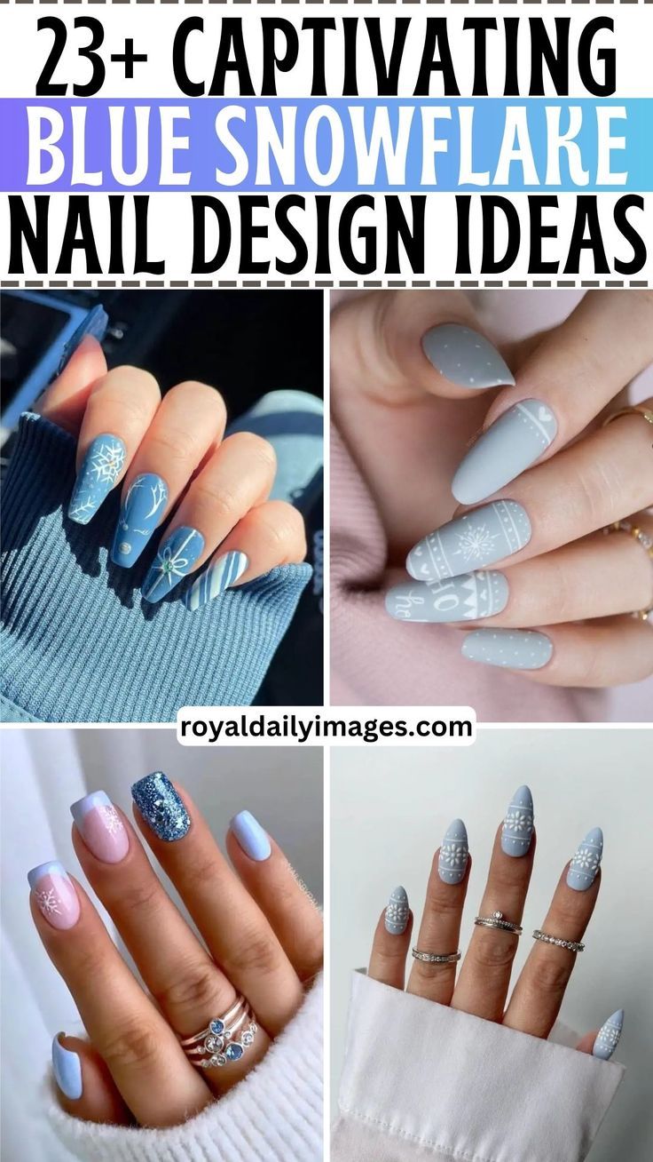 Captivating Winter Aesthetic: Blue Snowflake Nail Designs with Elegant Finishes.