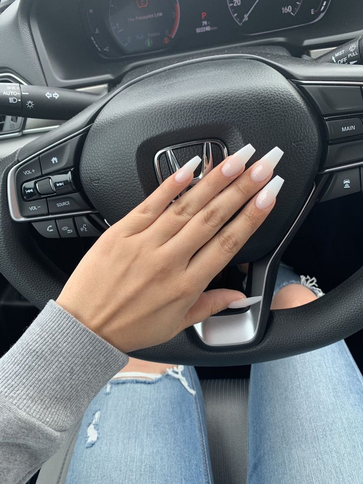 Chic Ombre Long Nails: Sophisticated White Tips on a Nude Base