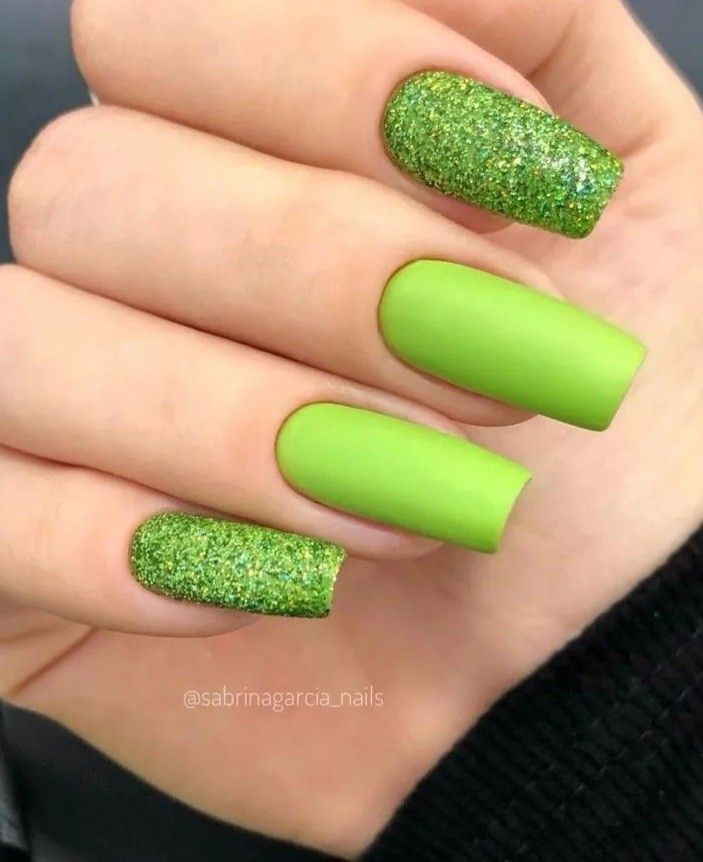 Vibrant Green Nail Design with Matte and Glitter Finishes for a Bold Statement.