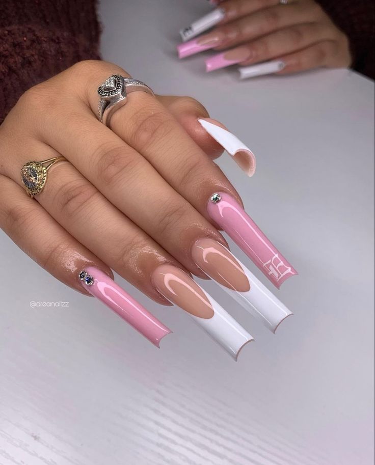 Chic Elegant Long Nails: Soft Pink and White with Glossy Finish and Glamorous Embellishments