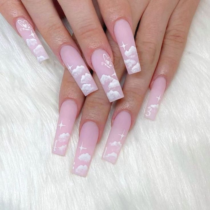 Whimsical Cloud-Inspired Nail Design with Soft Pink Base and Sparkling Accents