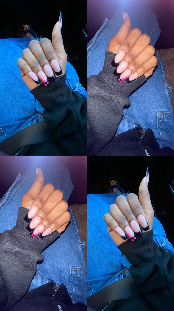 Elegant Elegant Nude and Bold Black Nail Design with Playful Pink Accents