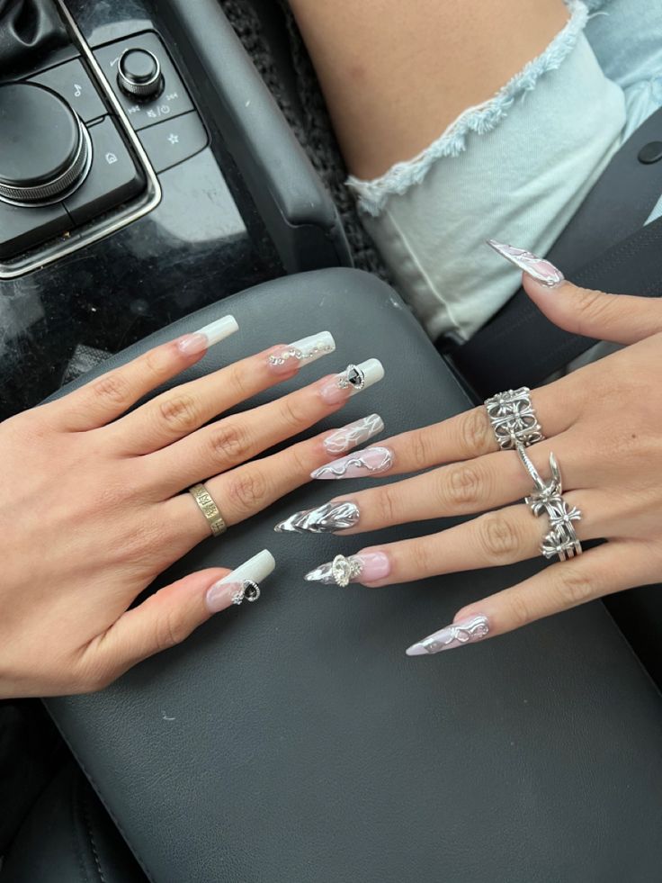 Elegant Dual Nail Design: Chic Glossy White and Artistic Pink Accents